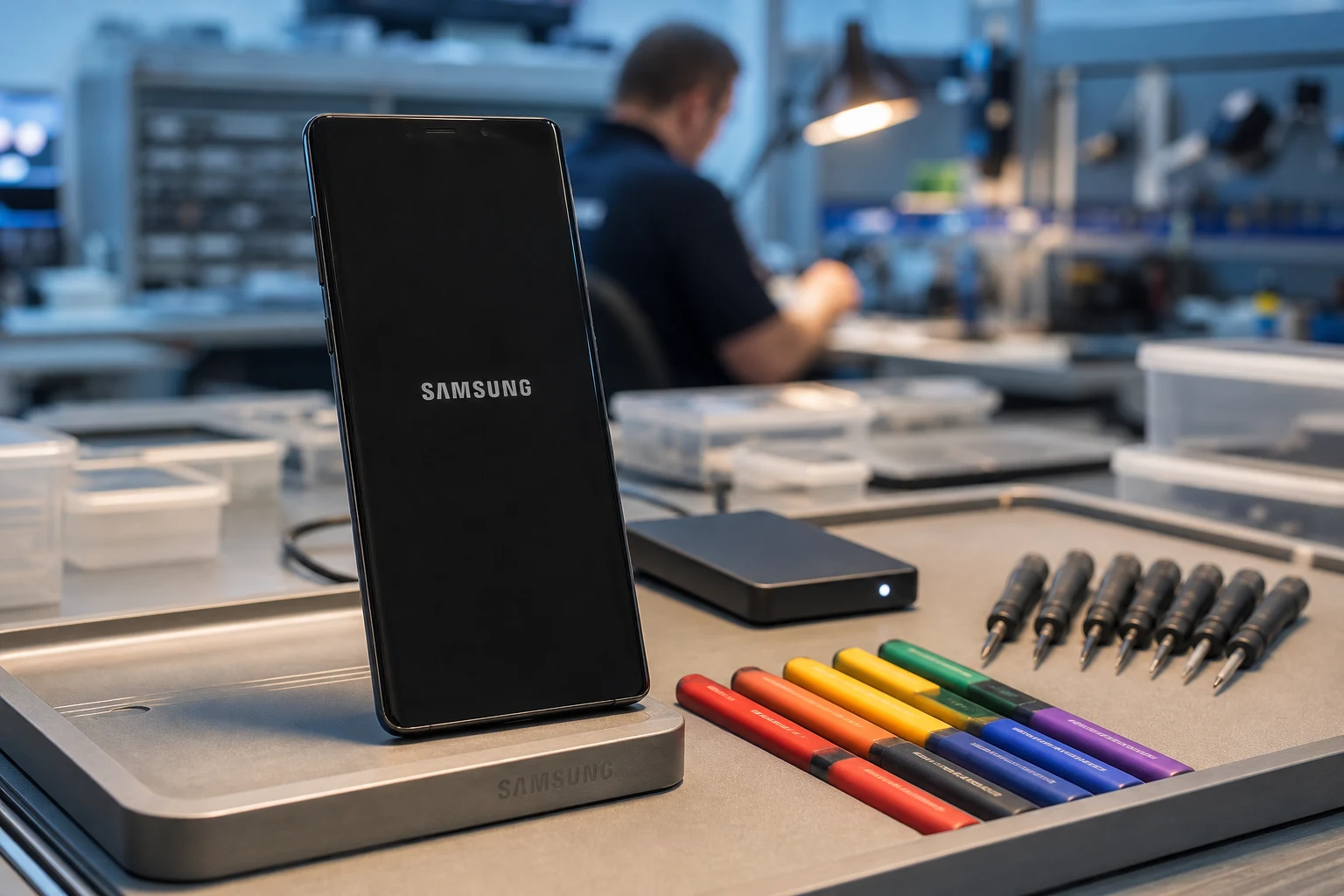 Smartphone Samsung reiniciándose junto a herramientas de diagnóstico organizadas en taller electrónico
