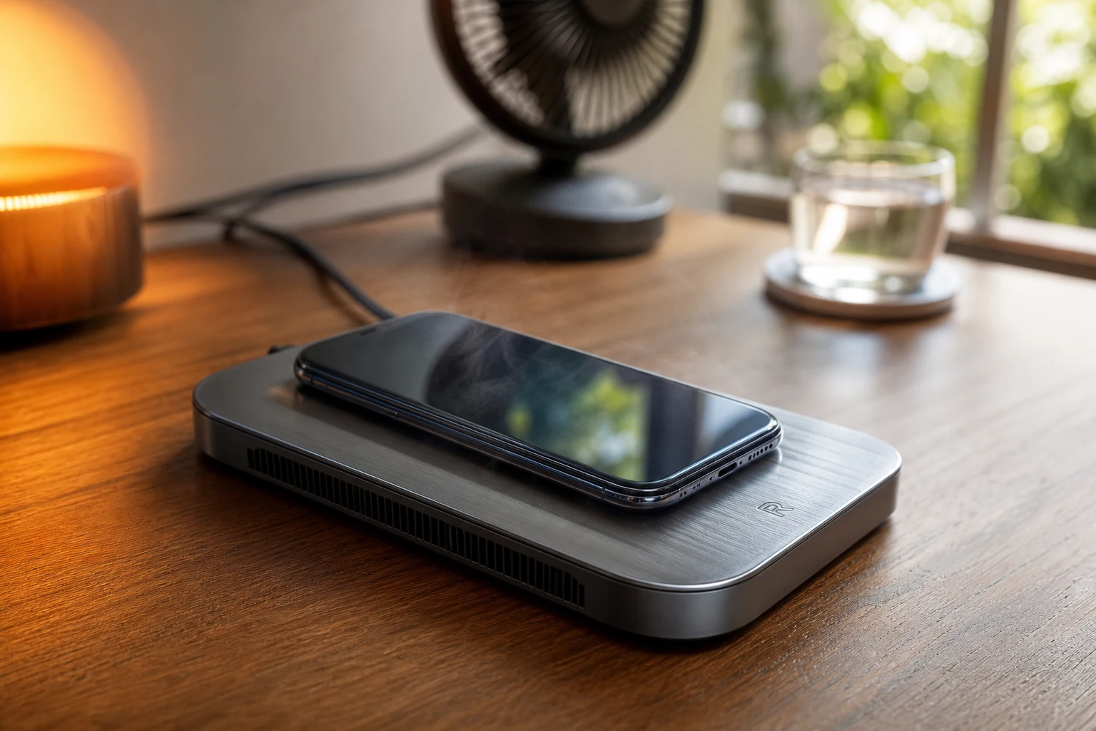 Smartphone sobre base de enfriamiento de metal cepillado Realme grabado