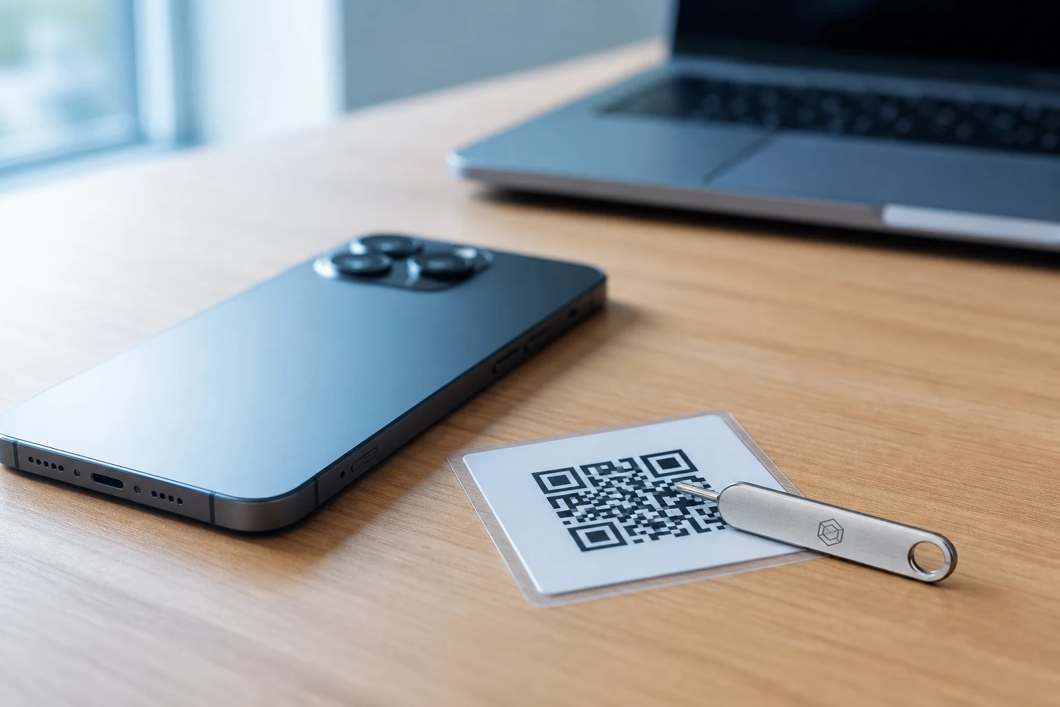Smartphone sobre escritorio de madera junto a tarjeta código QR