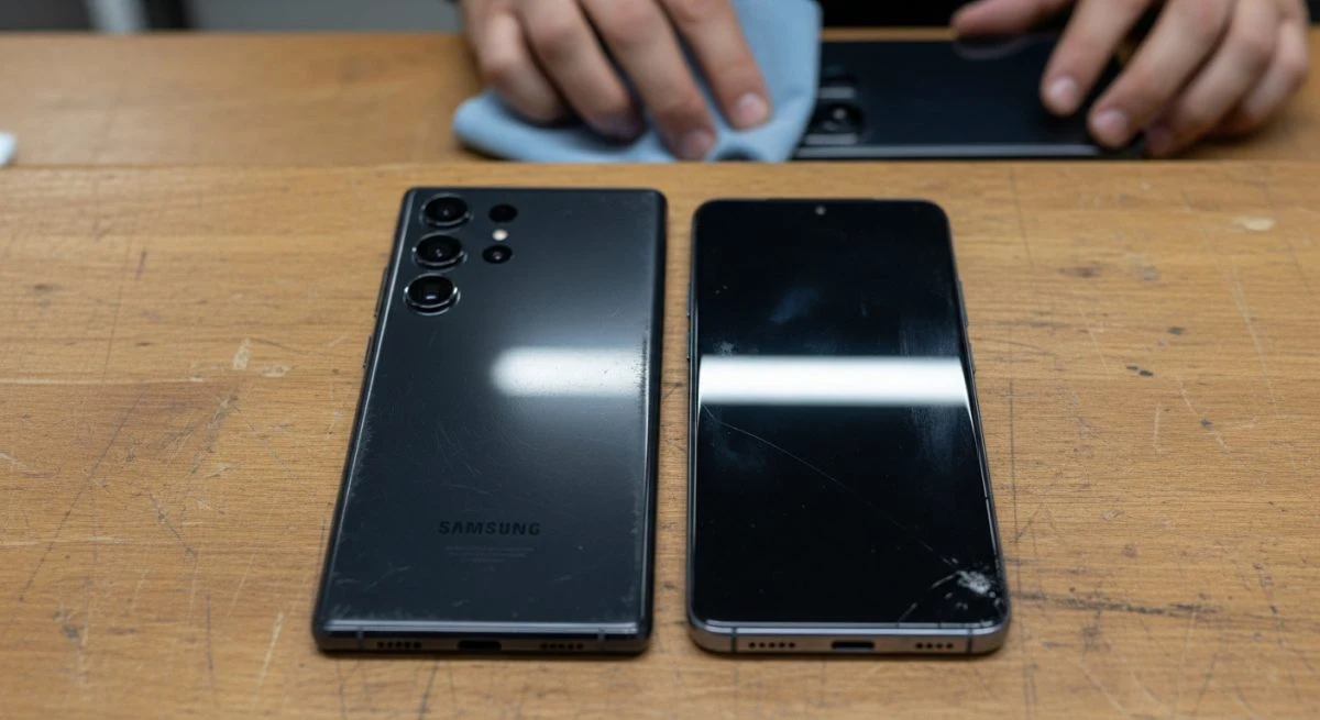 Smartphones Samsung y Xiaomi sobre una mesa de trabajo de madera