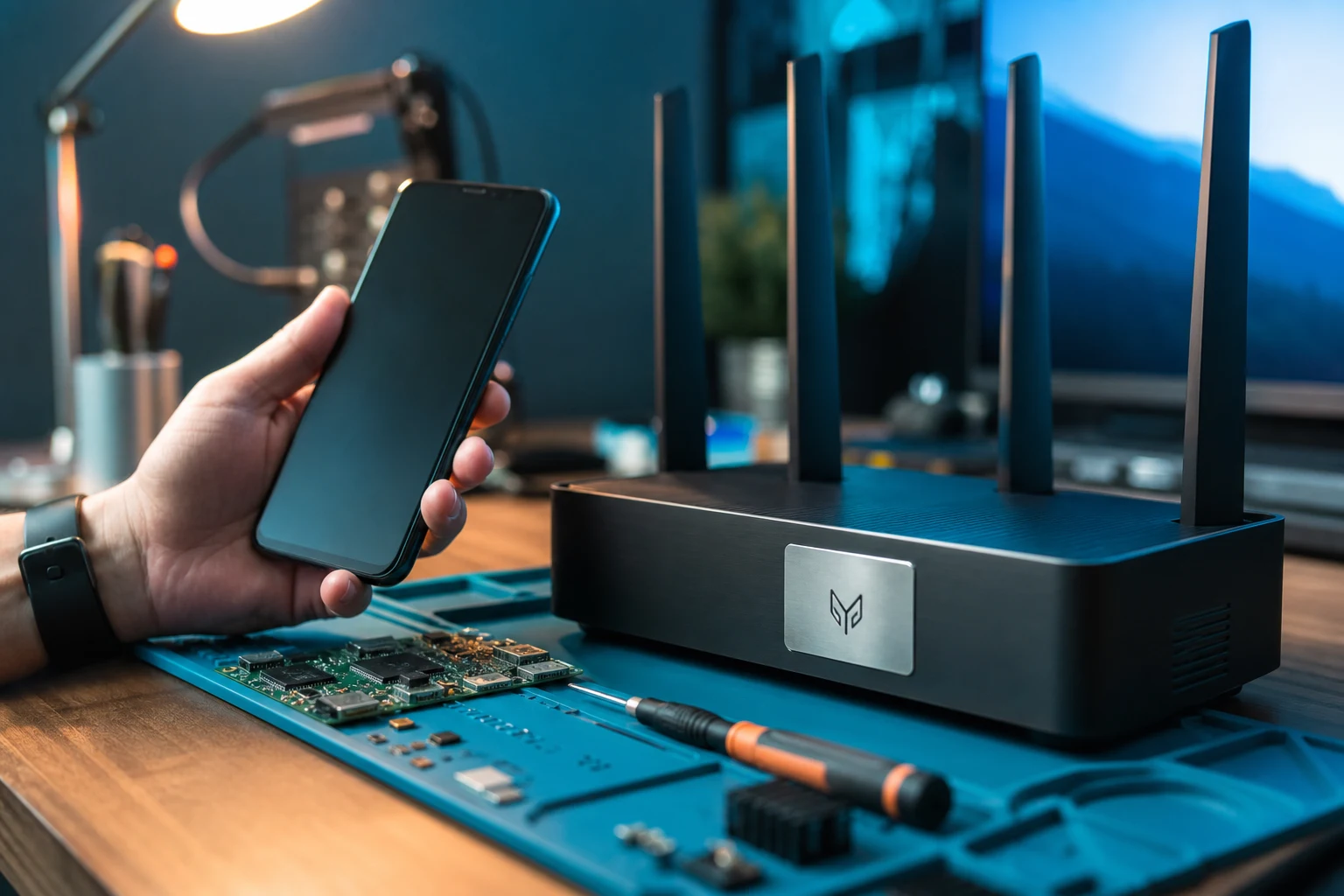 Técnico sostiene teléfono Android junto a router WiFi con logo