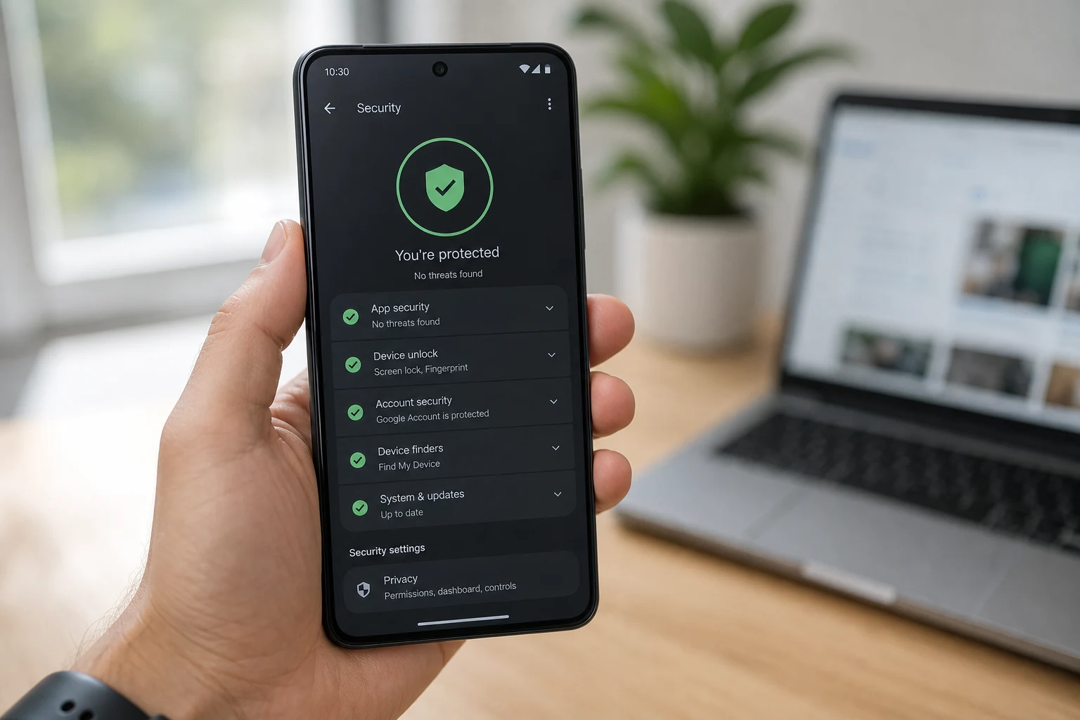 Teléfono Android en mano con icono de escudo en pantalla