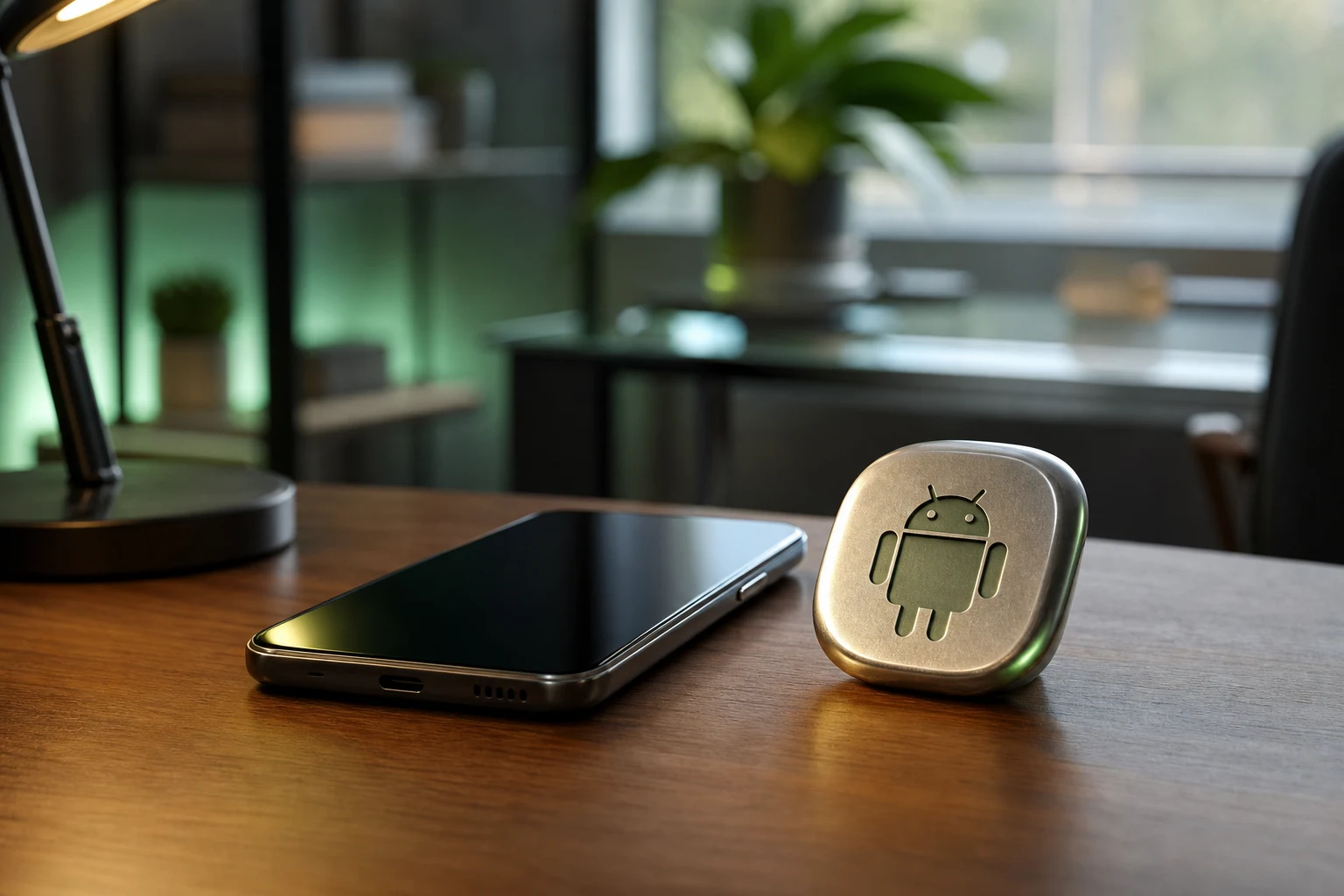 Teléfono Android sobre escritorio junto al peso de papel Android
