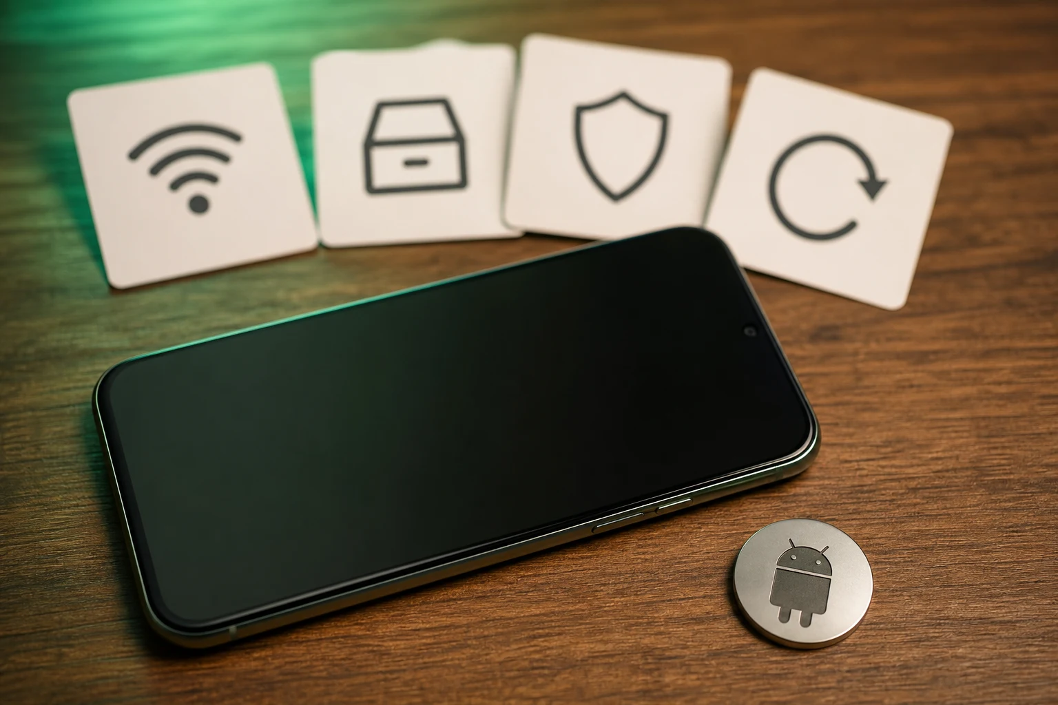 Teléfono Android sobre mesa de madera con logotipo circular tarjetas