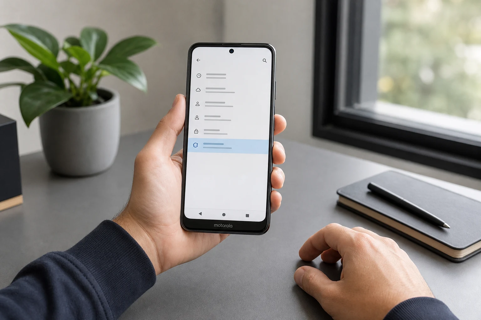 Teléfono Motorola en escritorio limpio mostrando menú de ajustes reseteo
