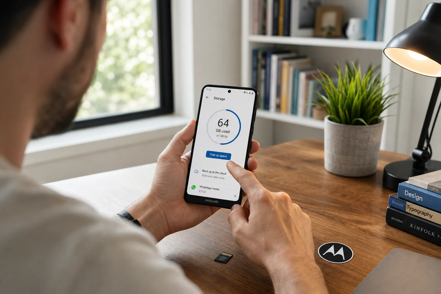 Teléfono Motorola muestra almacenamiento 64 GB usados de 128 GB