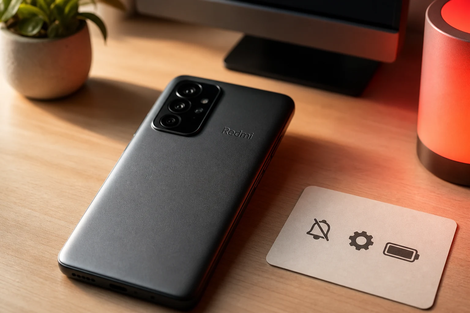 Teléfono Redmi sobre escritorio con logo grabado y enfoque nítido