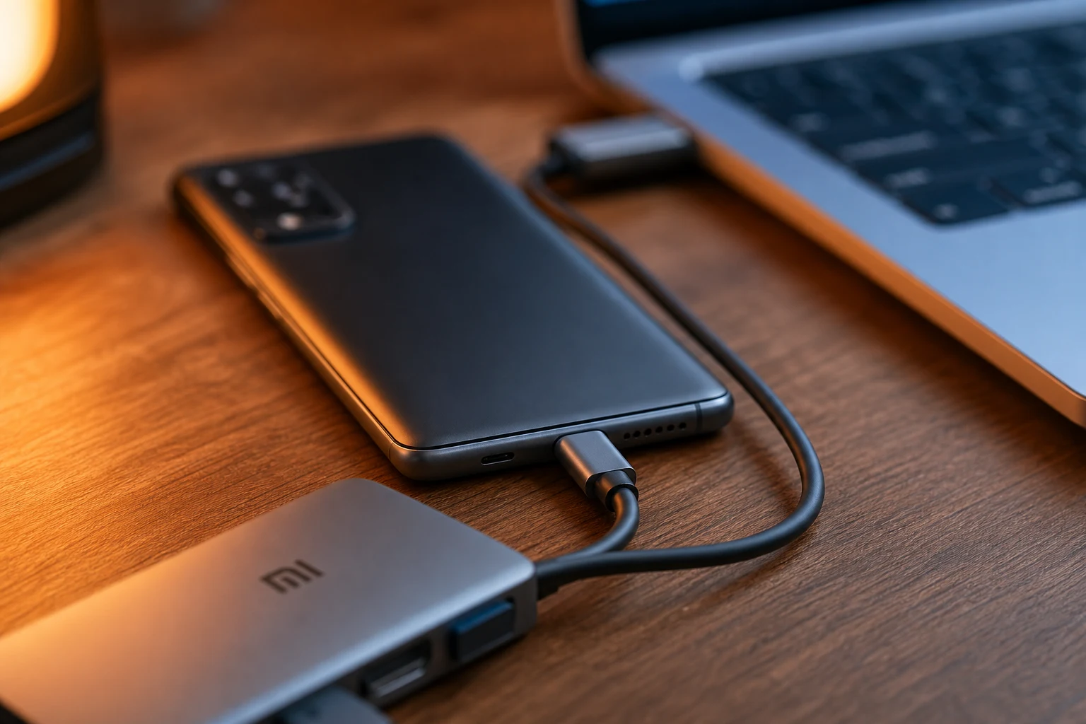 Teléfono Xiaomi conectado USB C hub con logo Mi visible