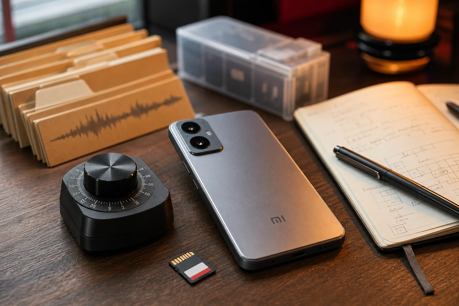 Teléfono Xiaomi junto a dial rotatorio tarjeta SD y carpetas de audio