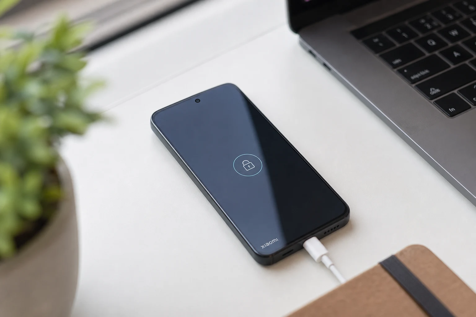 Teléfono Xiaomi sobre escritorio con candado de seguridad en pantalla