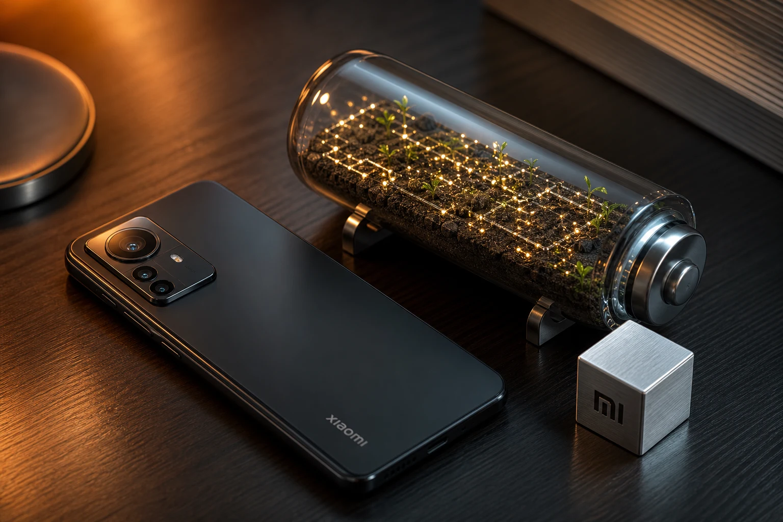Teléfono Xiaomi sobre escritorio oscuro junto a terrario iluminado