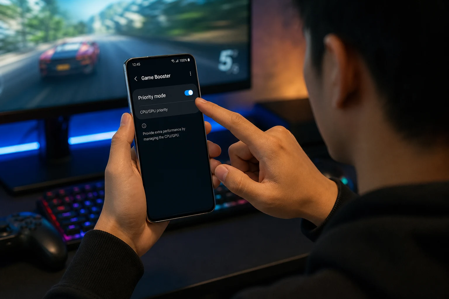 Usuario sosteniendo Samsung Galaxy mostrando Game Booster Priority mode encendido