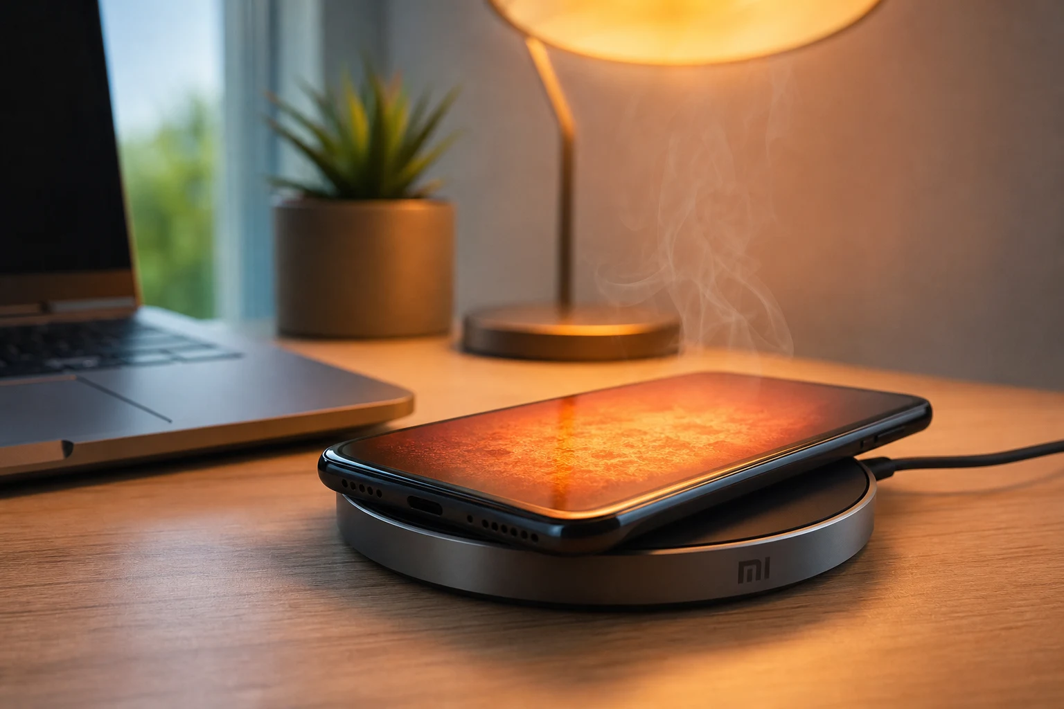 Xiaomi smartphone sobrecalentándose cargando en base inalámbrica con logo Mi
