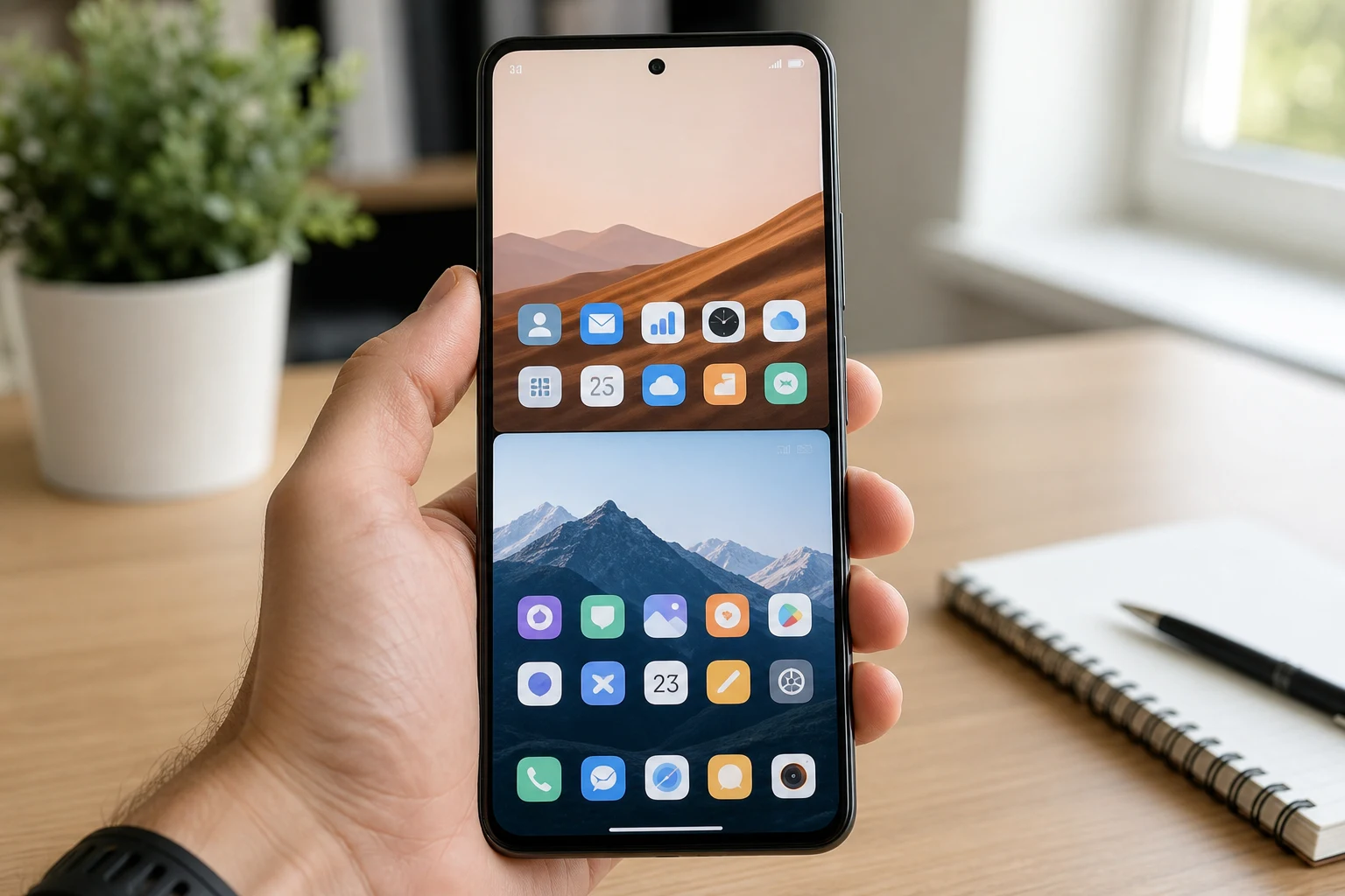 Xiaomi telefono en mano mostrando segundo espacio con dos pantallas