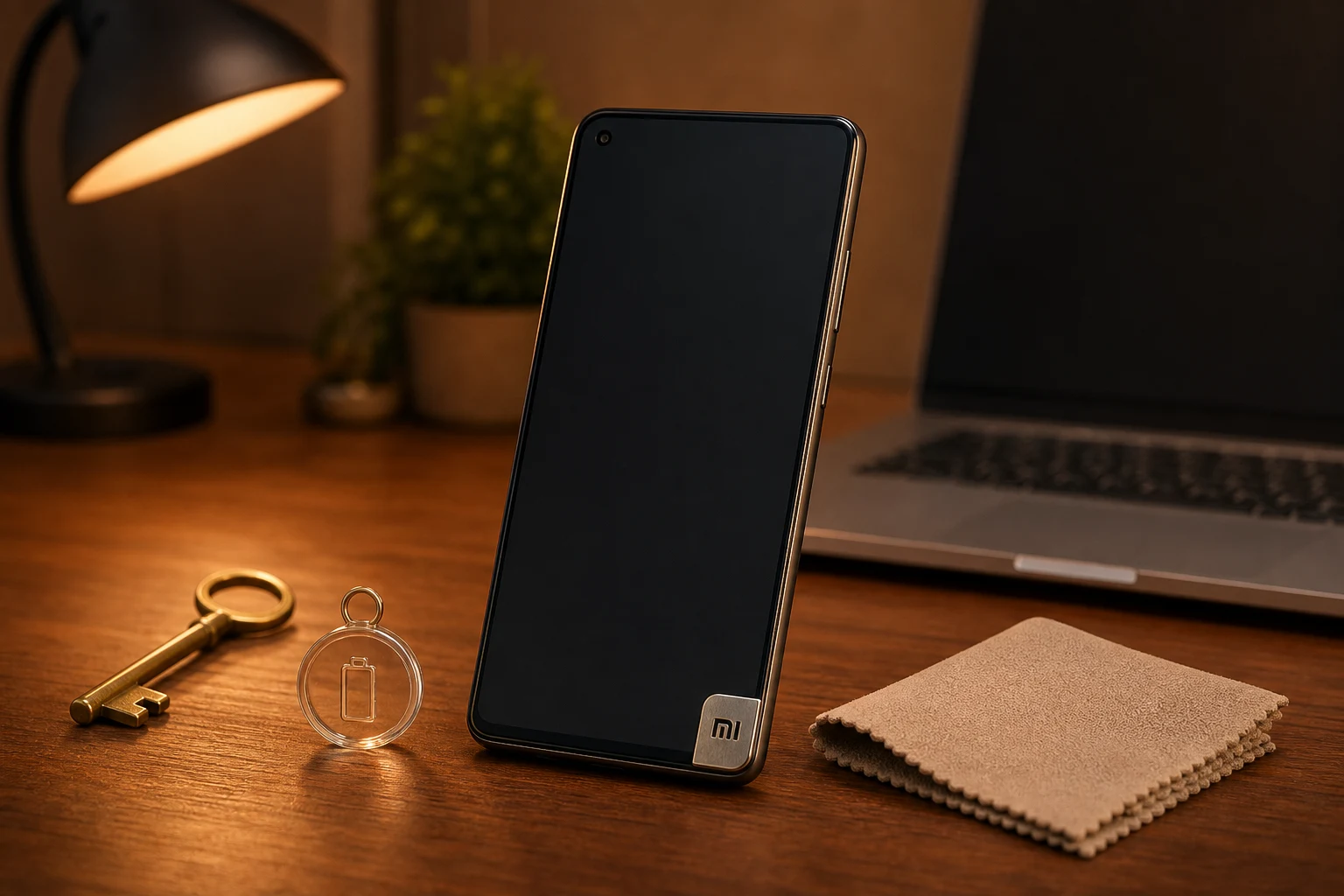 Xiaomi teléfono sobre escritorio madera cálida con logotipo Mi visible