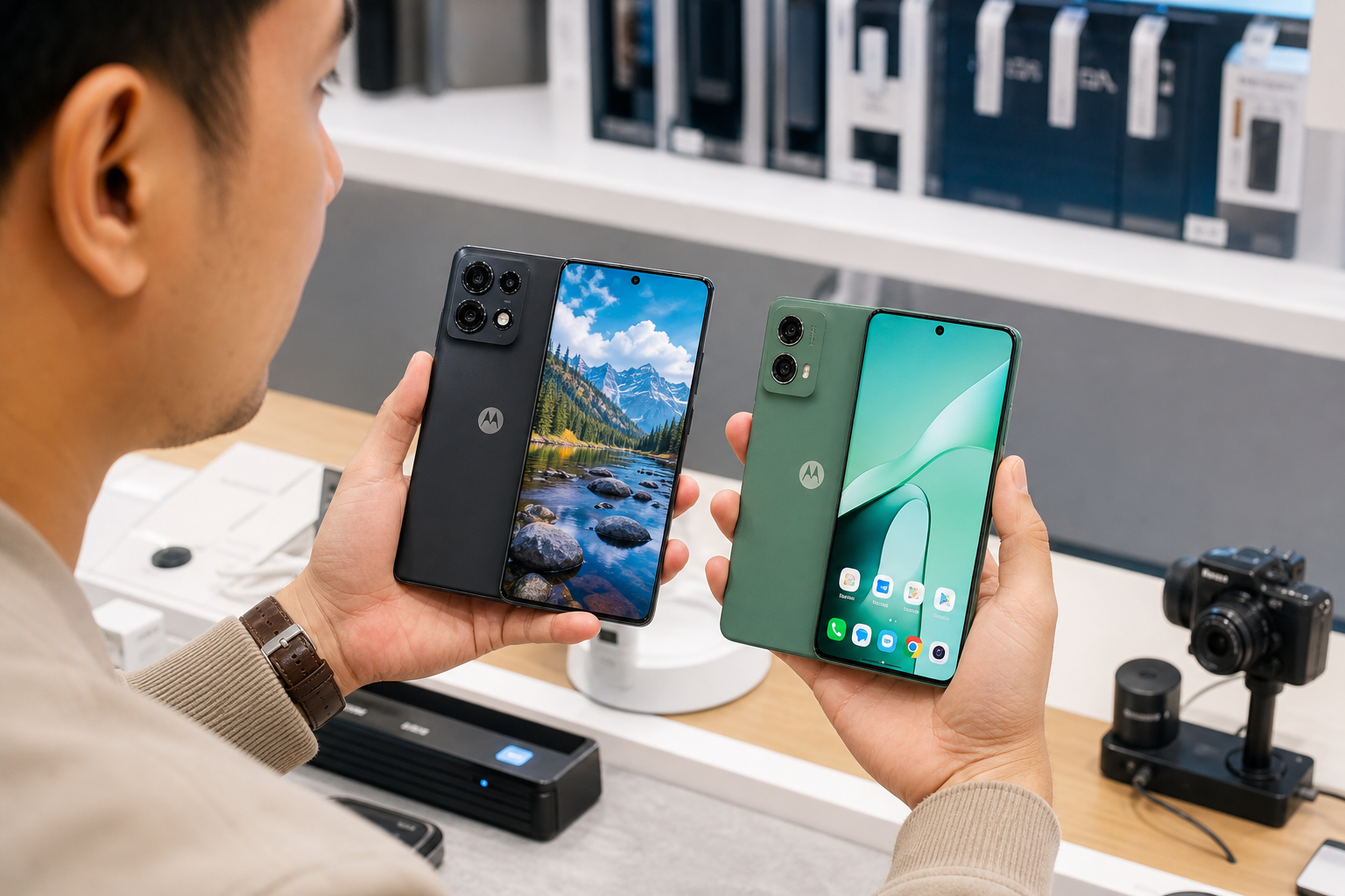 Persona comparando smartphones Motorola Moto Edge y Moto G en tienda electrónica