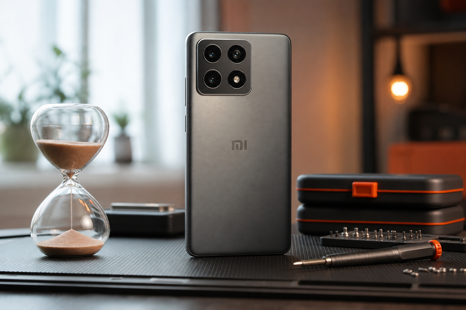 Smartphone Xiaomi junto a reloj de arena cajas organizadas y destornillador