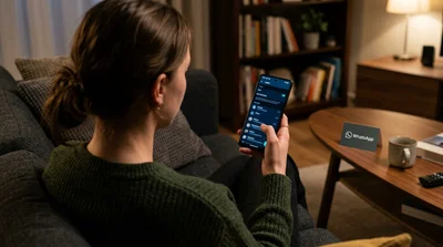 Persona en sofá sostiene teléfono Android WhatsApp en modo oscuro