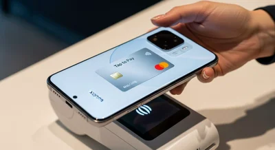 Mano sosteniendo un smartphone Xiaomi sobre terminal de pago