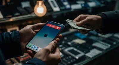 Manos sosteniendo iPhone mostrando pantalla con error y logo Apple