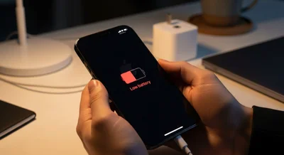 Manos sosteniendo un iPhone con bajo nivel de batería y logo de Apple