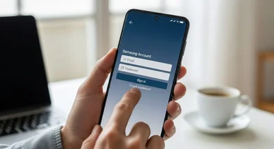 Manos sosteniendo un smartphone Samsung Galaxy en casa moderna