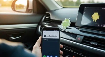 Persona en coche conecta Android Auto teléfono con logotipo Android