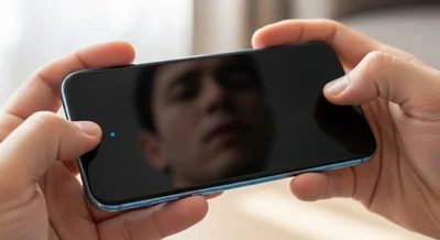 persona sosteniendo smartphone con pantalla apagada