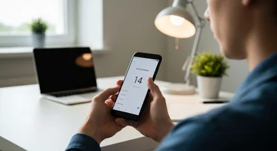 Persona sostiene teléfono Android mostrando Android versión 14 en Ajustes