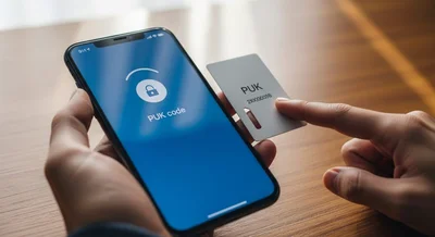 Smartphone bloqueado con pantalla PUK y tarjeta SIM señalada