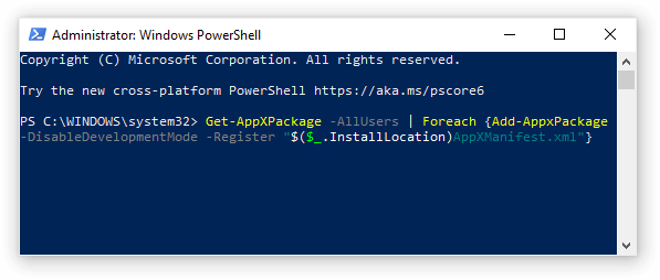 azada para registrar aplicaciones de Windows 10 a través de powershell
