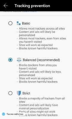 Opciones de protección de Edge Tracker Android
