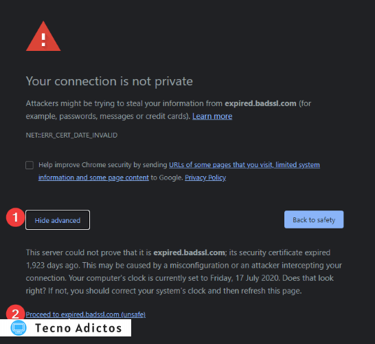 Error de privacidad de Chrome Continuar