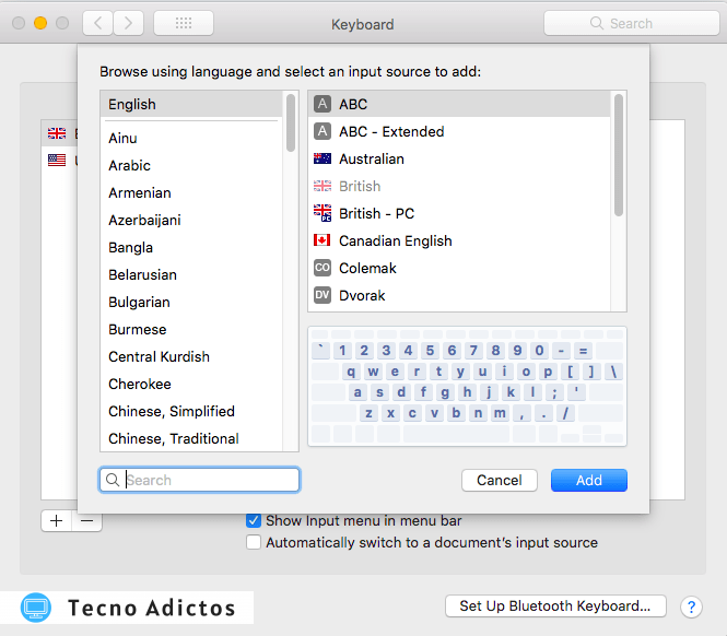 Haga su selección de la lista de macOS' diseños de teclado compatibles. 
