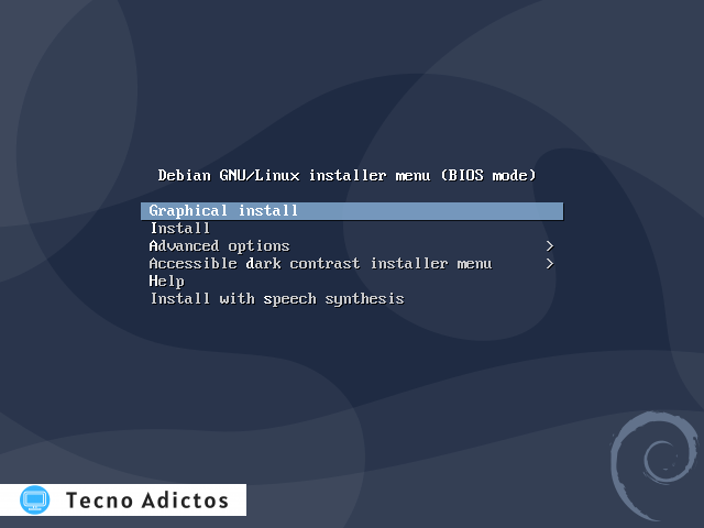 Pantalla de inicio de instalación de Debian