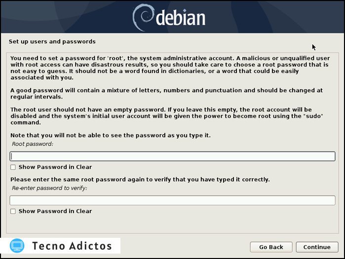 Instalar Debian Establecer contraseña