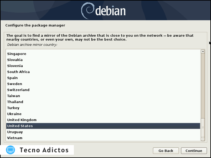 Idioma del administrador de paquetes de instalación de Debian