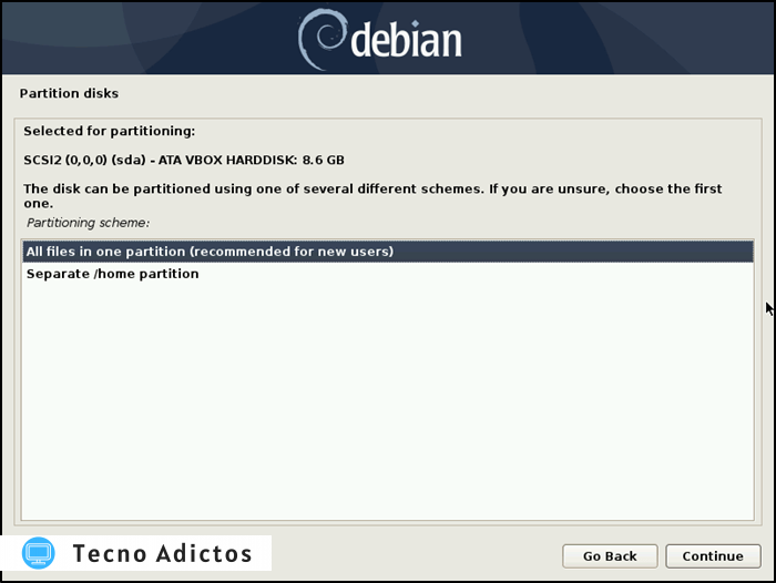 Partición del conjunto de instalación de Debian
