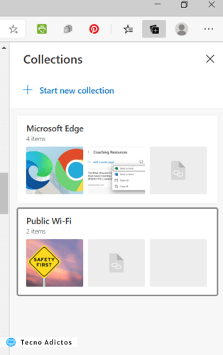 Pantalla de inicio de colecciones de Microsoft Edge
