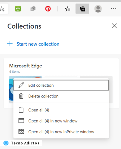Menú de colección de edición de colecciones de Microsoft Edge