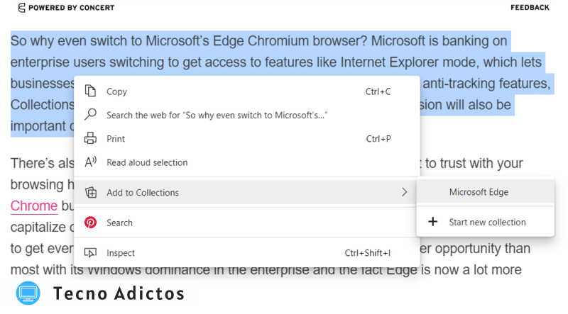 Texto de colecciones de Microsoft Edge en clic de colección