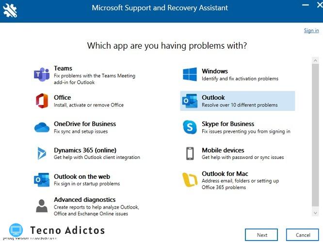 Asistente de recuperación de soporte técnico para problemas de Outlook 2 1