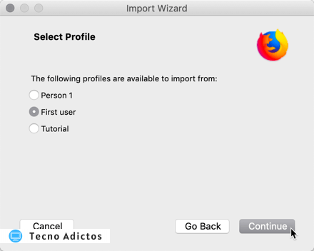 Cambio de selección de usuario de datos de importación de Chrome a Firefox