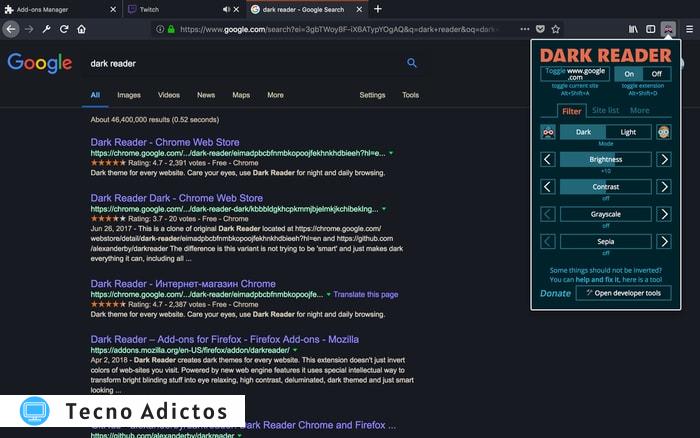 Complemento Dark Reader para Firefox