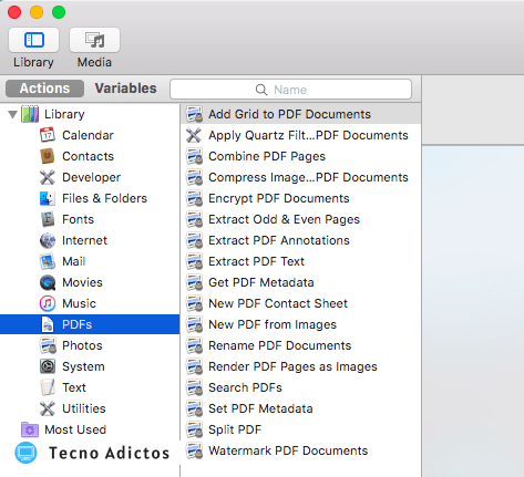 En el menú de la izquierda de Automator, seleccione el "Archivos PDF" acción.