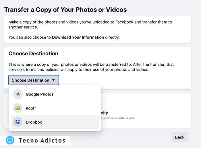 Transferir fotos de Facebook Videos Elegir destino