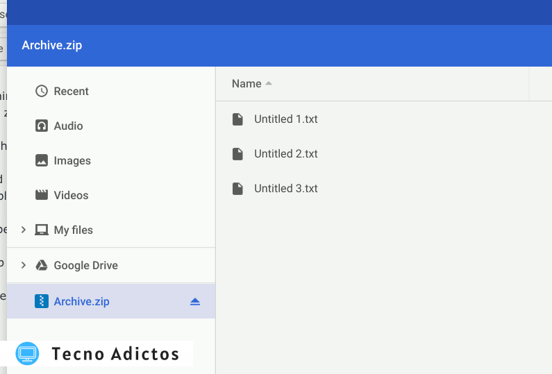 Archivo zip montado en la aplicación Chrome Files