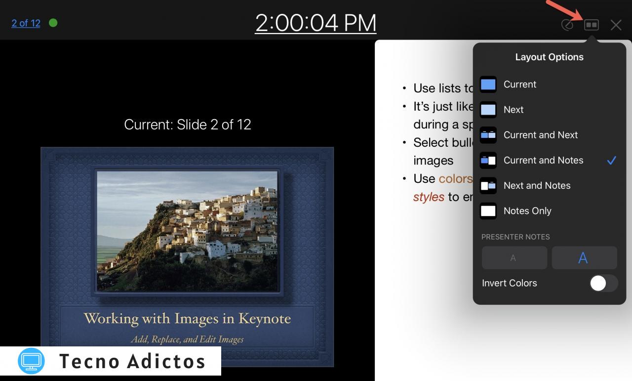 Personalizar las opciones de diseño de la pantalla del presentador Keynote iPad