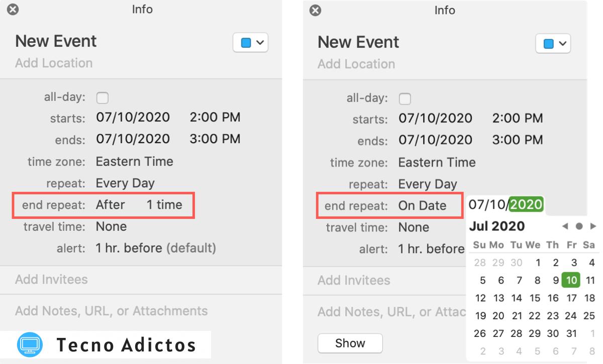 Finalizar la repetición del calendario de eventos Mac