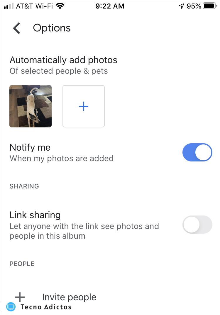 Opciones de álbum de actualización automática de Google Fotos iPhone